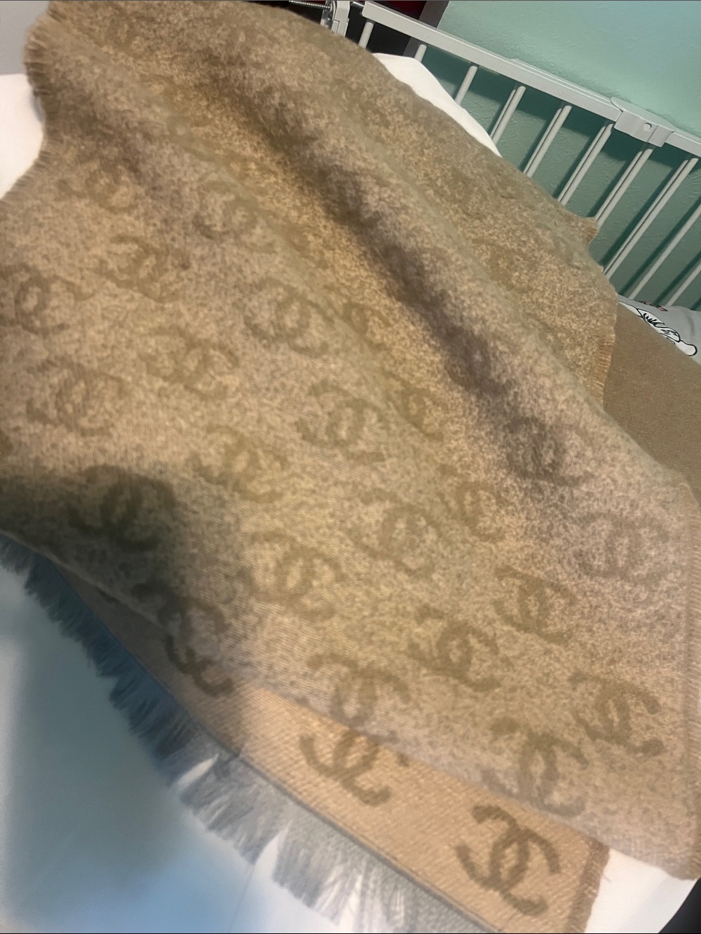 CHANEL Beige/Tan Logo Fringe Wool Scarf